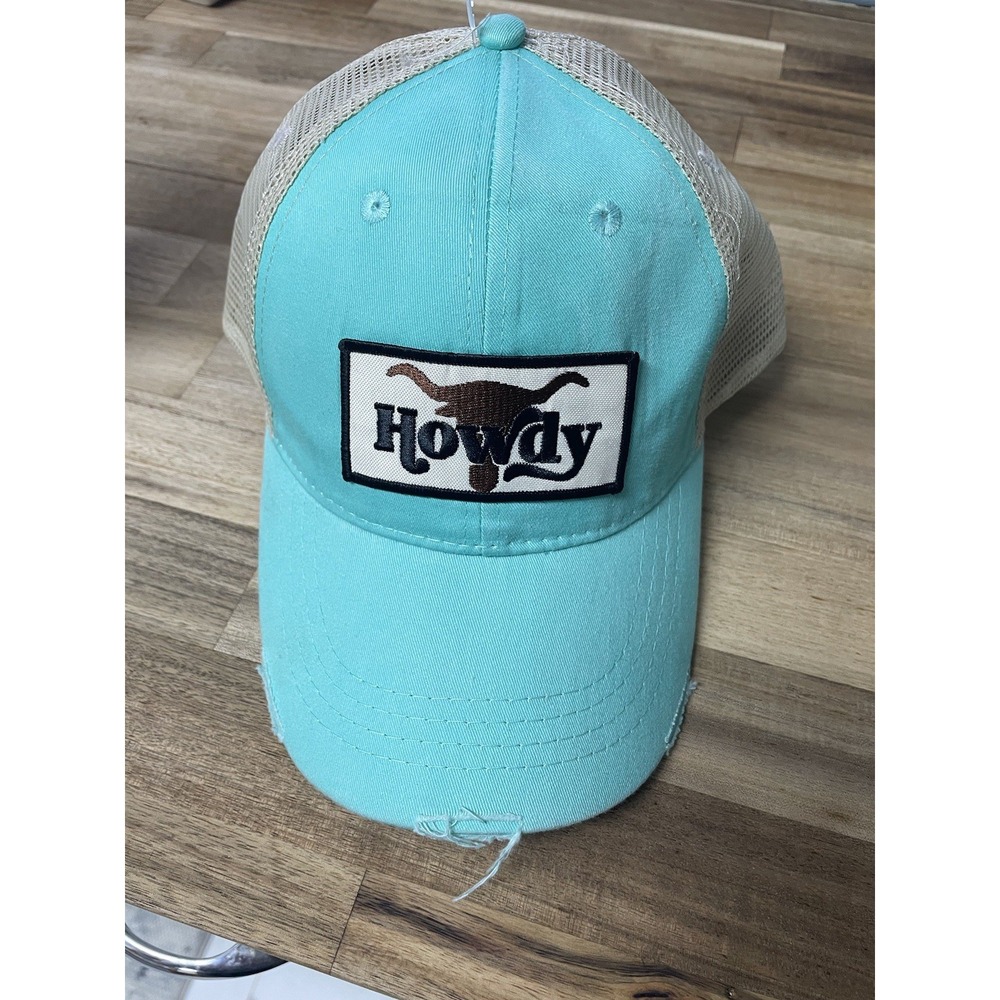 Adams Howdy‎ Longhorn Trucker Hat Teal Blue Tan Mesh Distressed Snapback Cap